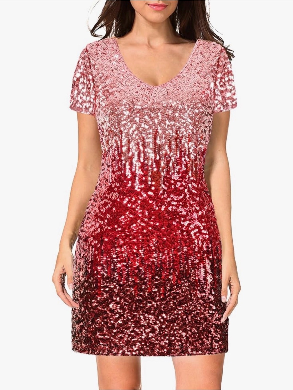 Sequin Ombre V-Neck Formal Dress in Pink and Red